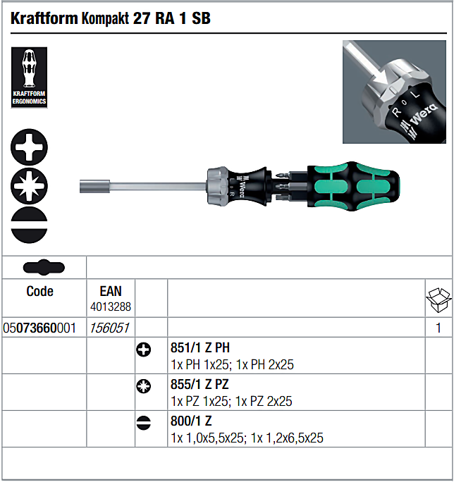 ไขควงก๊อกแก๊ก Wera Kraftform Kompakt 27 RA 1 SB 05073660001 ชุด 6 ชิ้น