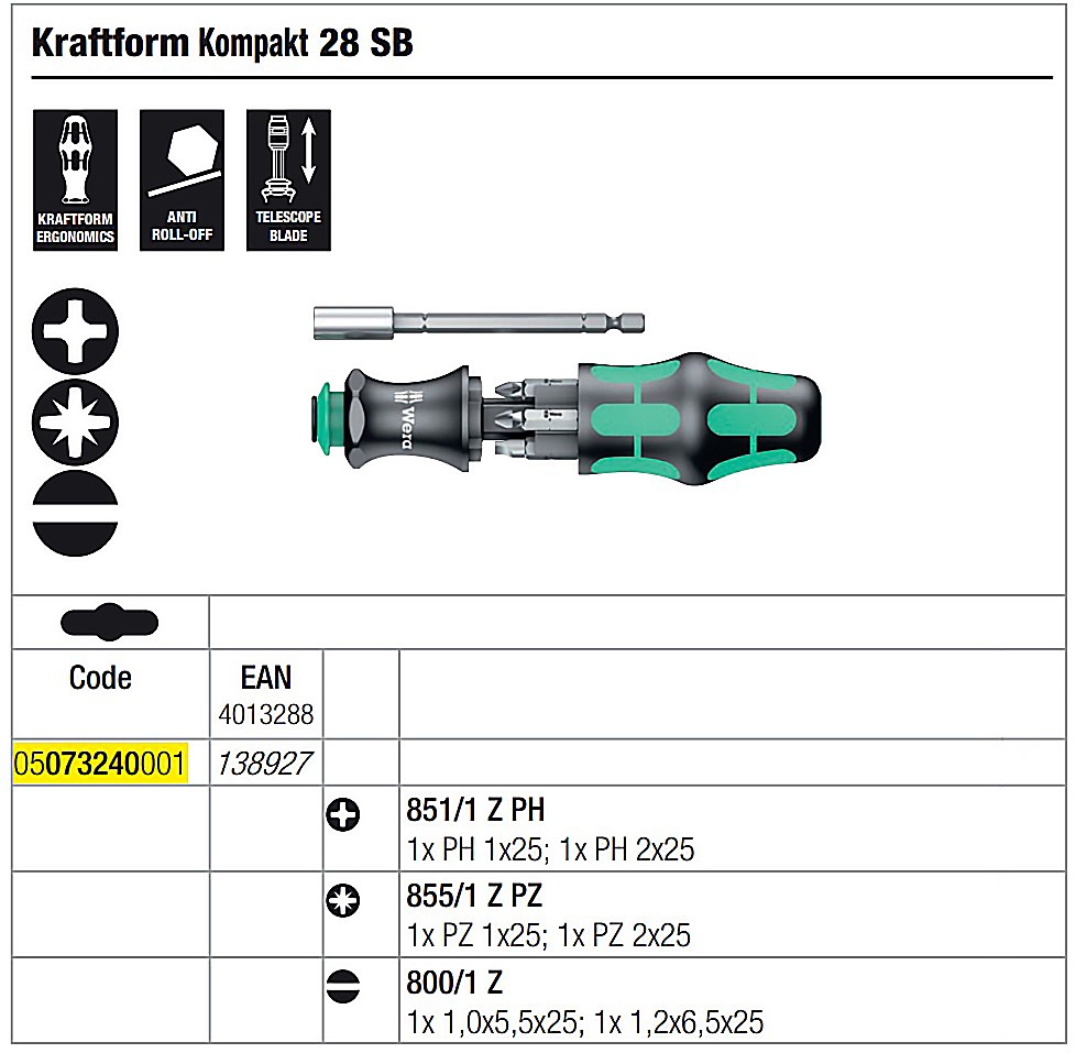 ไขควง Wera Kraftform Kompakt 28 SB 05073240001 ชุด 6 ชิ้น