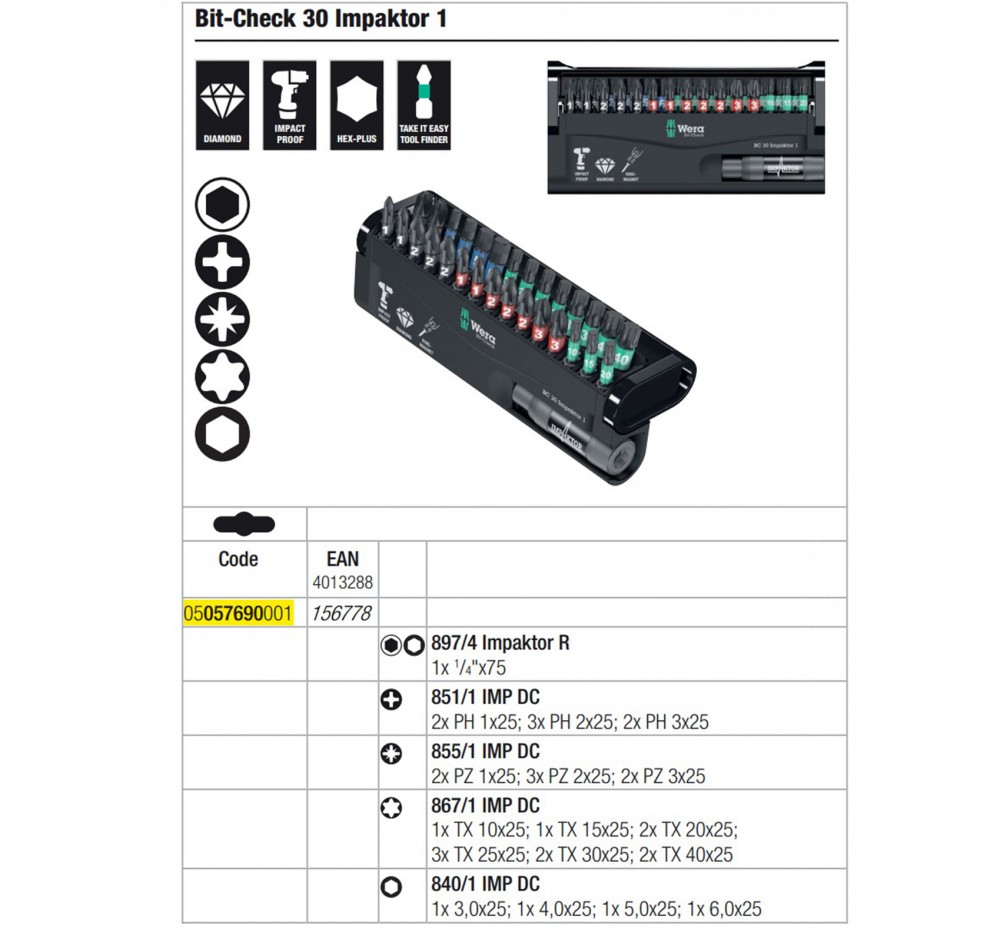 ชุดดอกไขควง Wera Bit-Check 30 Impaktor 1 05057690001 ชุด 30 ชิ้น