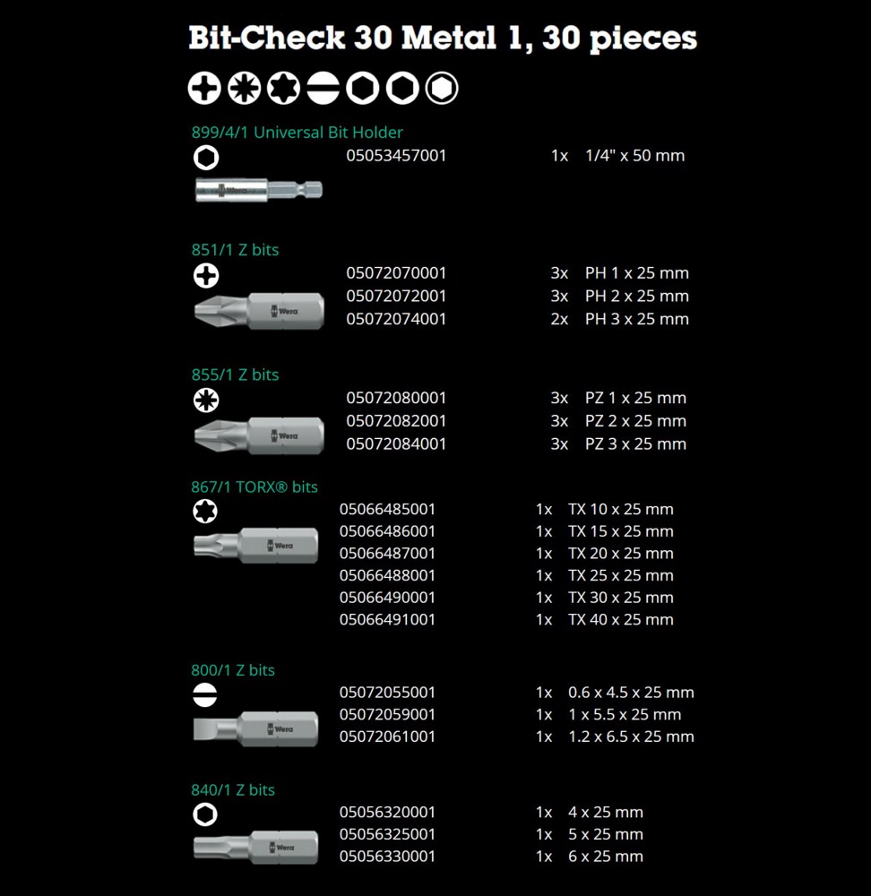 ชุดดอกไขควง Wera Bit-Check 30 Metal 1 05057434001 ชุด 30 ชิ้น