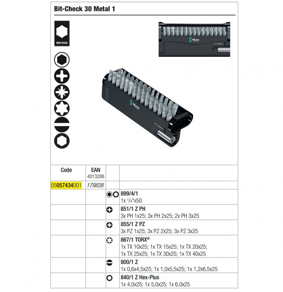 ชุดดอกไขควง Wera Bit-Check 30 Metal 1 05057434001 ชุด 30 ชิ้น