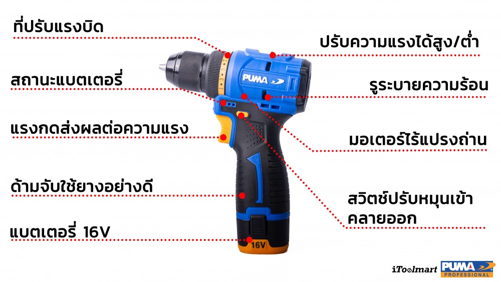 สว่านไร้สายไร้แปรงถ่าน PUMA  PM-D1016BL ขนาด 10 mm 16V