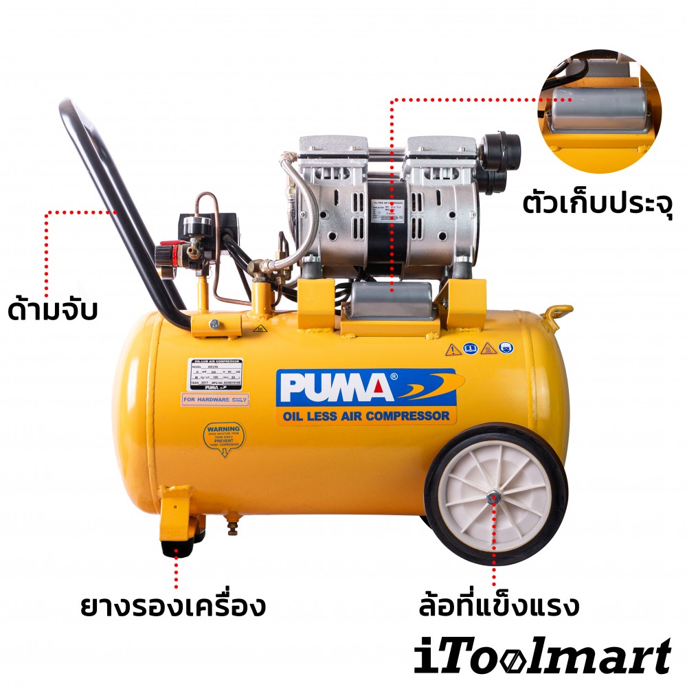 ปั๊มลมเก็บเสียง PUMA WE-250 ขนาดถัง 50 ลิตร กำลังไฟ 2HP 220 โวลต์