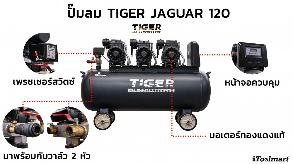 ปั๊มลมชนิด เงียบ แบบไร้น้ำมัน Tiger Jaguar120 ขนาด 120 ลิตร (รอบเร็ว 2850)