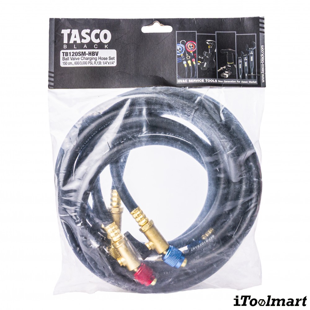 สายชาร์จน้ำยาแอร์ แบบมีบอลวาล์ว TASCO BLACK TB120SM HBV ความยาว 150 ซม  สำหรับน้ำยา R12  R22  R134a