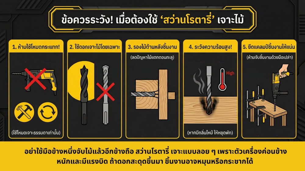 ใช้ สว่านโรตารี่ กับงานไม้ ต้องระวังอะไรเป็นพิเศษ หรือไม่