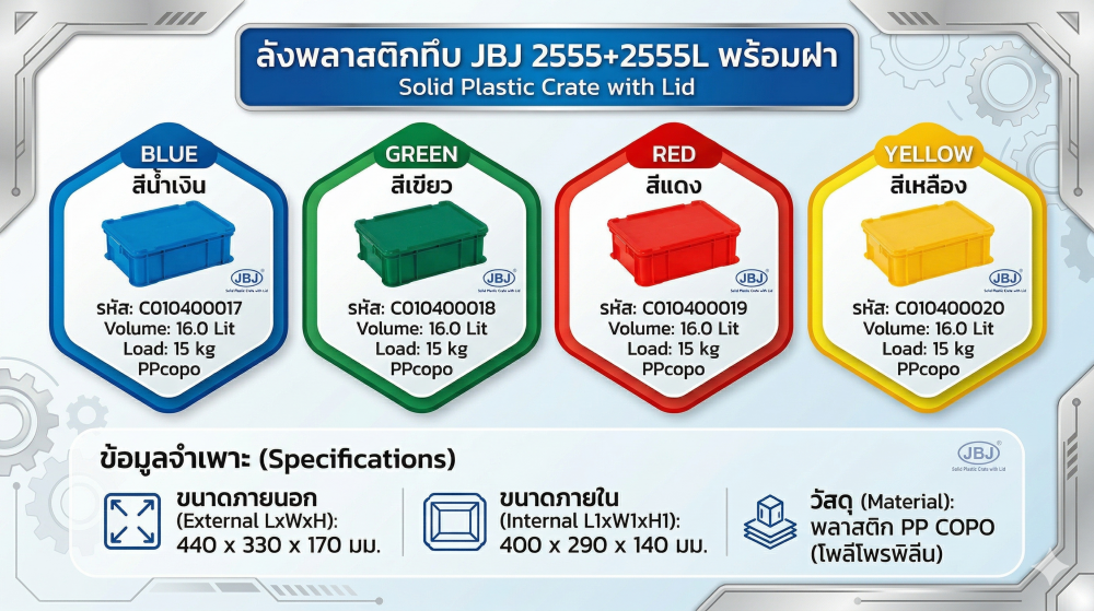 ลังพลาสติกทึบ JBJ 2555 2555L พร้อมฝา สีน้ำเงิน ขนาด 440 x 330 x 170 มม 