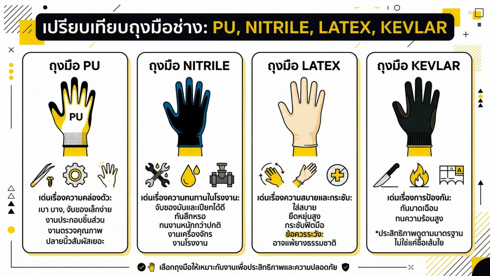 วัสดุ ถุงมือช่าง PU Nitrile Latex Kevlar ต่างกันยังไง