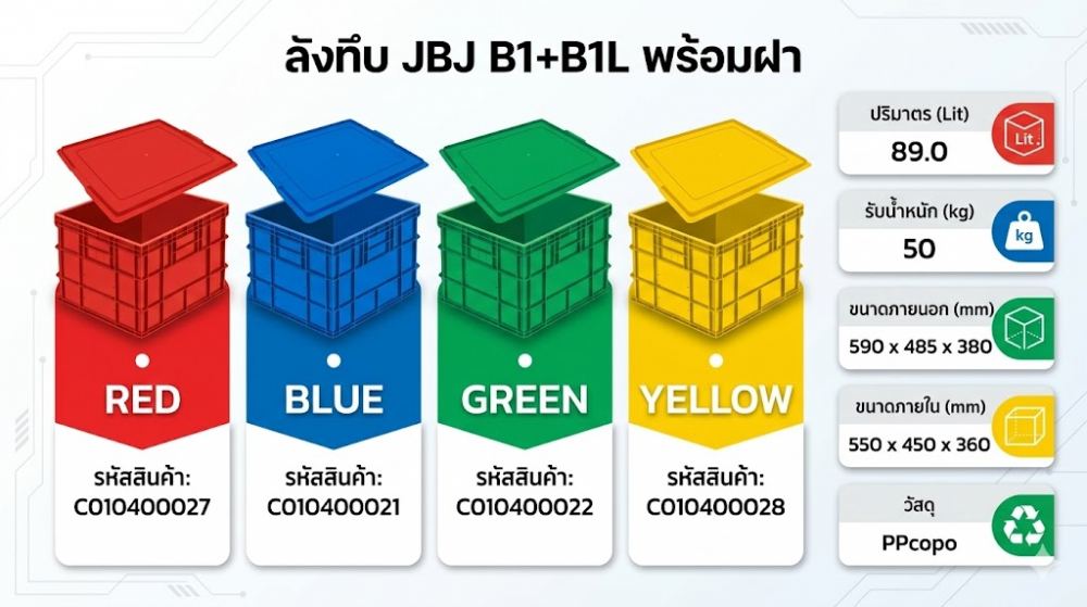 ลังทึบ JBJ B1 B1L พร้อมฝา สีแดง ขนาด 590 x 485 x 380 มม 