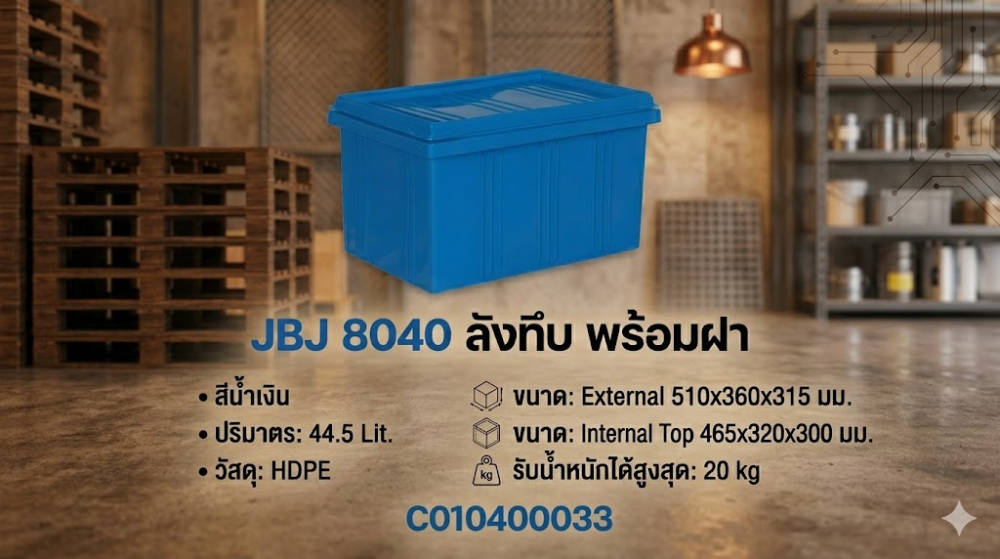 ลังทึบ JBJ 8040 พร้อมฝา สีน้ำเงิน ขนาด 510 x 360 x 315 มม 