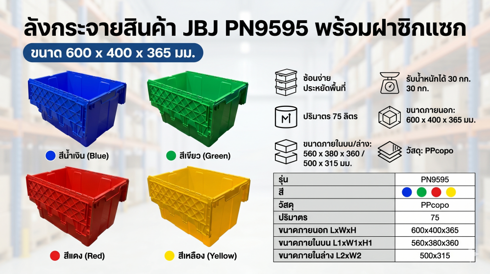 ลังกระจายสินค้า JBJ PN9595 พร้อมฝาซิกแซก สีน้ำเงิน ขนาด 600 x 400 x 365 มม 