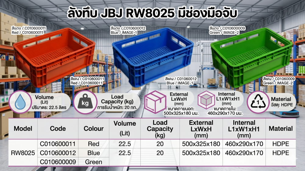 ลังทึบ JBJ RW8025 มีช่องมือจับ สีเขียว ขนาด 500 x 325 x 180 มม 