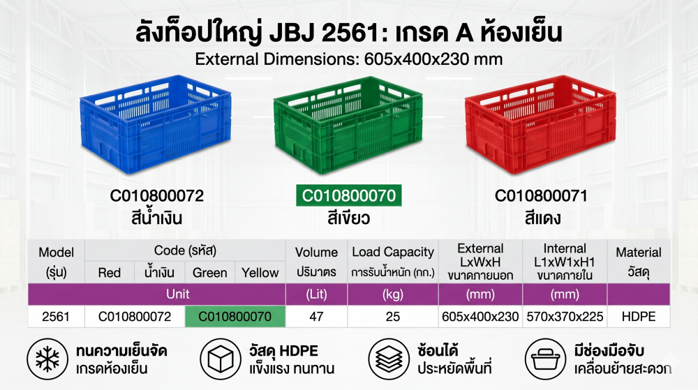 ลังท็อปใหญ่ JBJ 2561 เกรด A ห้องเย็น HDPE สีน้ำเงิน ขนาด 605 x 400 x 230 มม 