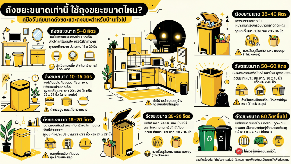 ถังขยะขนาดเท่านี้ ใช้ถุงขยะขนาดไหน วิธีเลือกถุงขยะให้พอดีกับถังขยะในบ้าน ถังขยะขนาดเท่านี้ ใช้ถุงขยะขนาดไหน วิธีเลือกถุงขยะให้พอดีกับถังขยะในบ้าน