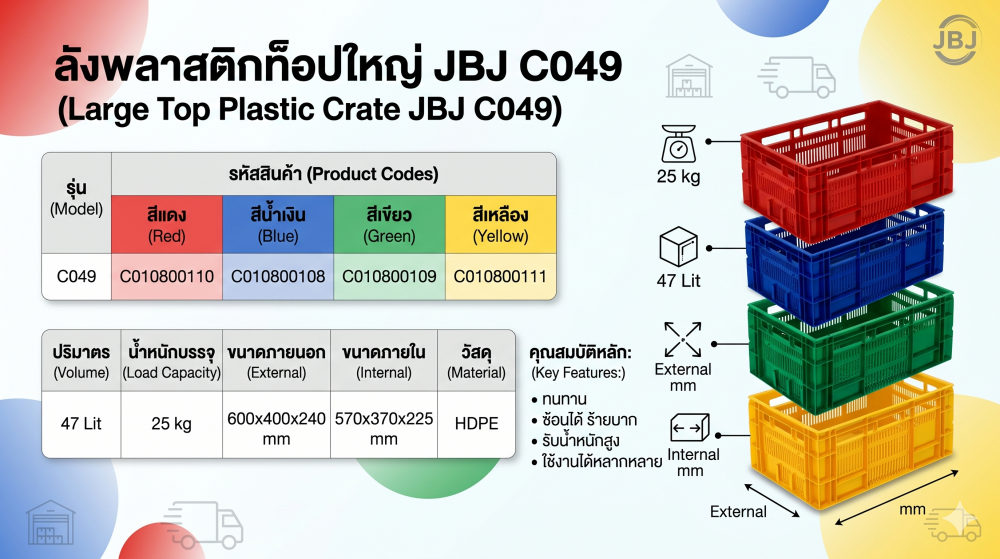 ลังพลาสติกท็อปใหญ่ JBJ C049 สีน้ำเงิน ขนาด 600 x 400 x 240 มม 