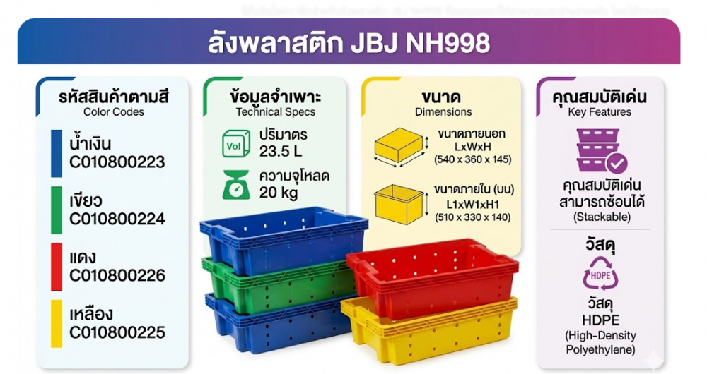 ลังพลาสติก JBJ NH998 สามารถซ้อนได้ สีน้ำเงิน ขนาด 540 x 360 x 145 มม 