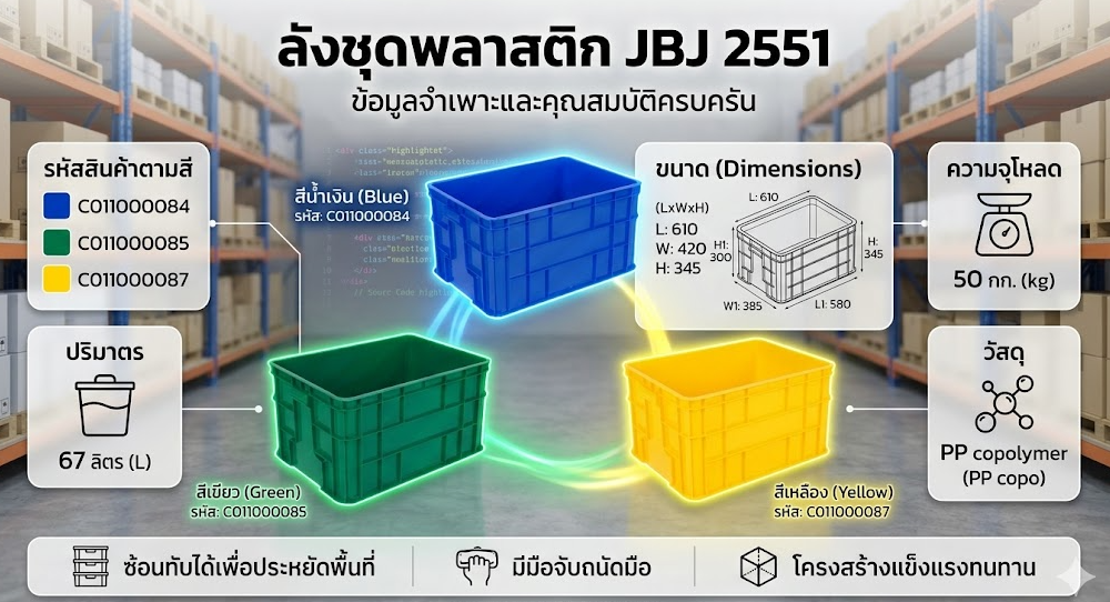 ลังชุดพลาสติก JBJ 2551 สีน้ำเงิน ขนาด 610 x 420 x 345 มม 