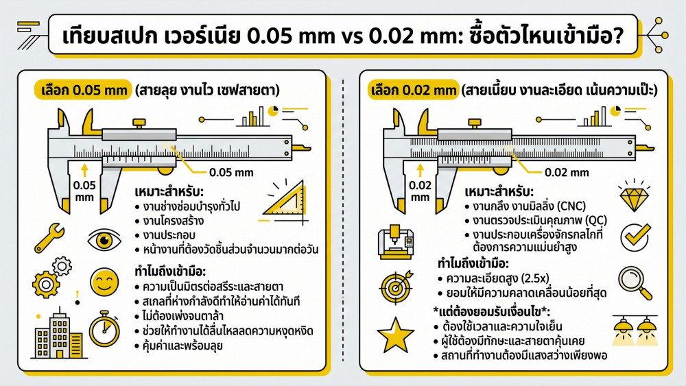 เวอร์เนีย 002 mm vs 005 mm ต่างกันแค่ไหนในงานจริง