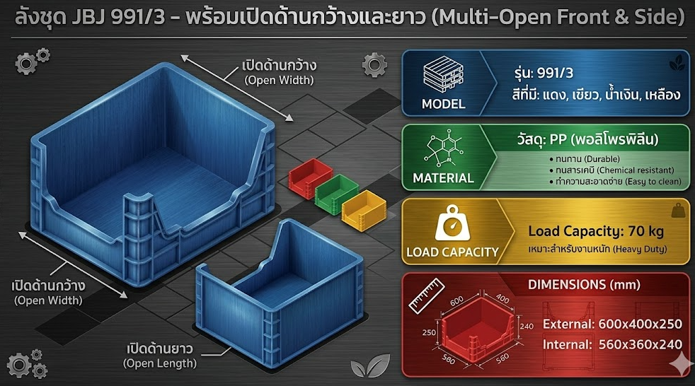 ลังชุด JBJ 991 3 พร้อมเปิดด้านกว้างและยาว สีน้ำเงิน ขนาด 600 x 400 x 250 มม 
