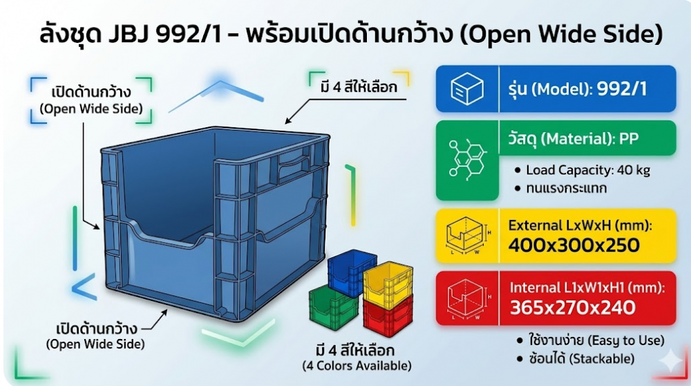 ลังชุด JBJ 992 1 พร้อมเปิดด้านกว้าง 1 ด้าน สีน้ำเงิน ขนาด 400 x 300 x 250 มม 