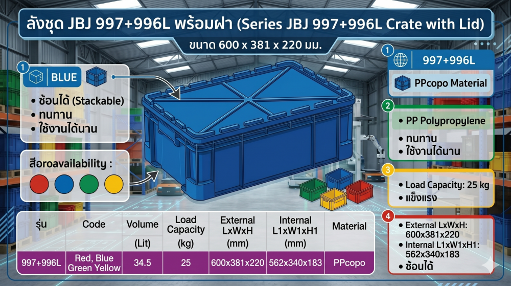 ลังชุด JBJ 997 996L พร้อมฝา สีแดง ขนาด 600 x 381 x 220 มม 