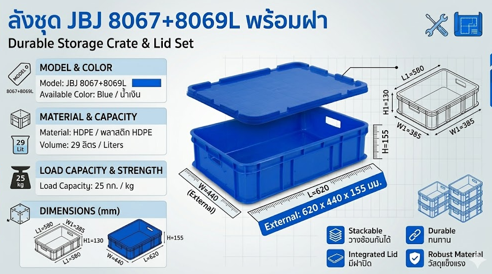 ลังชุด JBJ 8067 8069L พร้อมฝา สีน้ำเงิน ขนาด 620 x 440 x 155 มม 