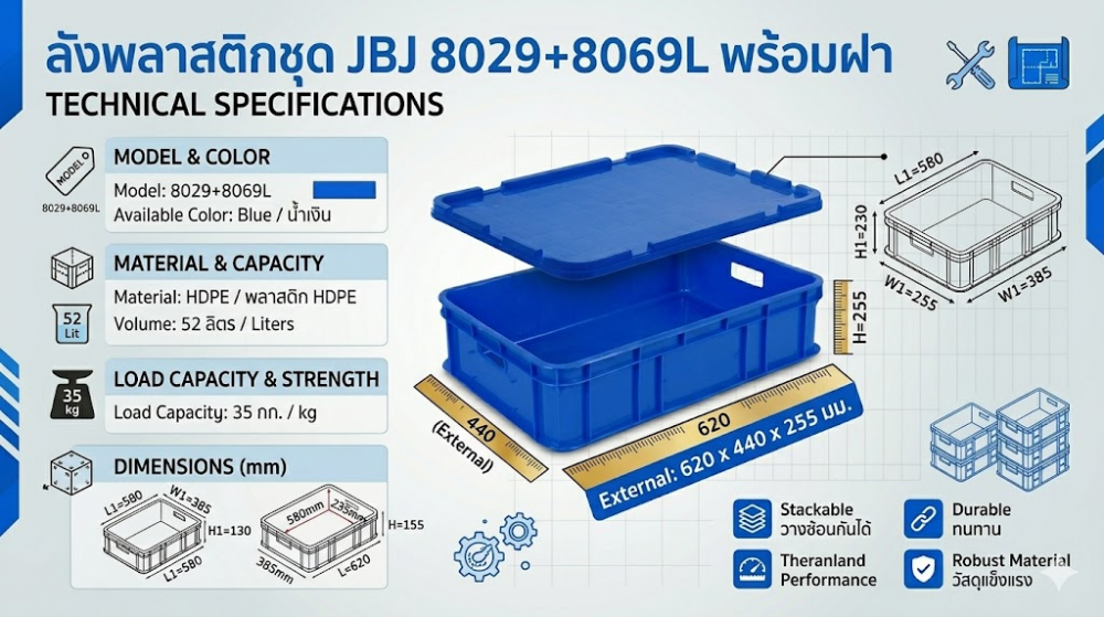ลังชุด JBJ 8029 8069L พร้อมฝา สีน้ำเงิน ขนาด 620 x 440 x 255 มม 