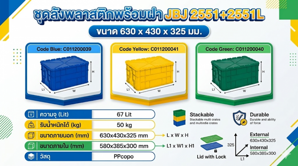 ลังชุดพลาสติก JBJ 2551 2551L พร้อมฝา สีน้ำเงิน ขนาด 630 x 430 x 325 มม 