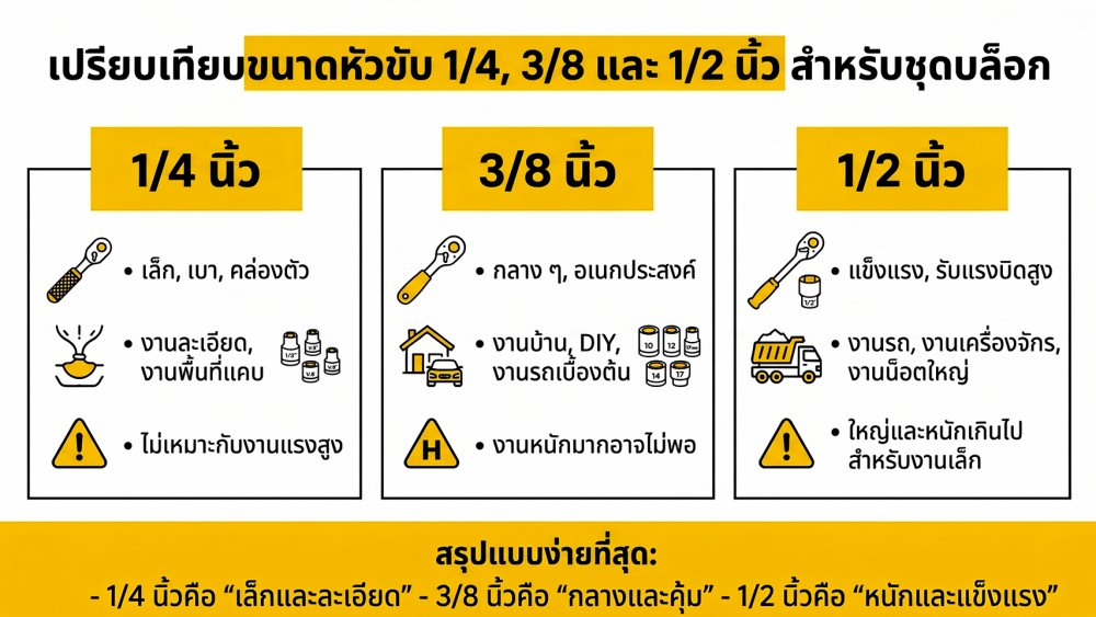 ชุดบล็อก ขนาด 14 38 และ 12 นิ้ว ต่างกันตรงไหน มือใหม่ควรรู้