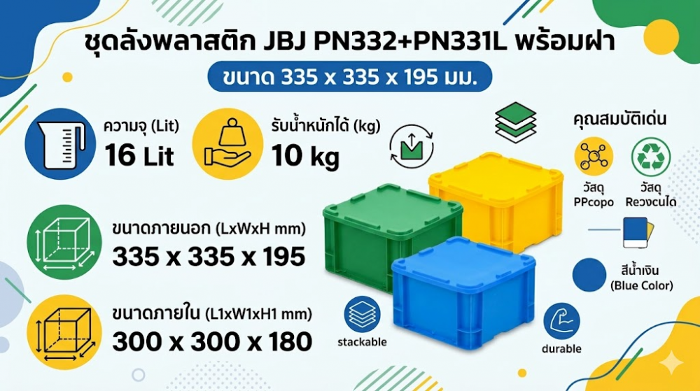 ลังชุดพลาสติก JBJ PN332 PN331L พร้อมฝา สีน้ำเงิน ขนาด 335 x 335 x 195 มม 