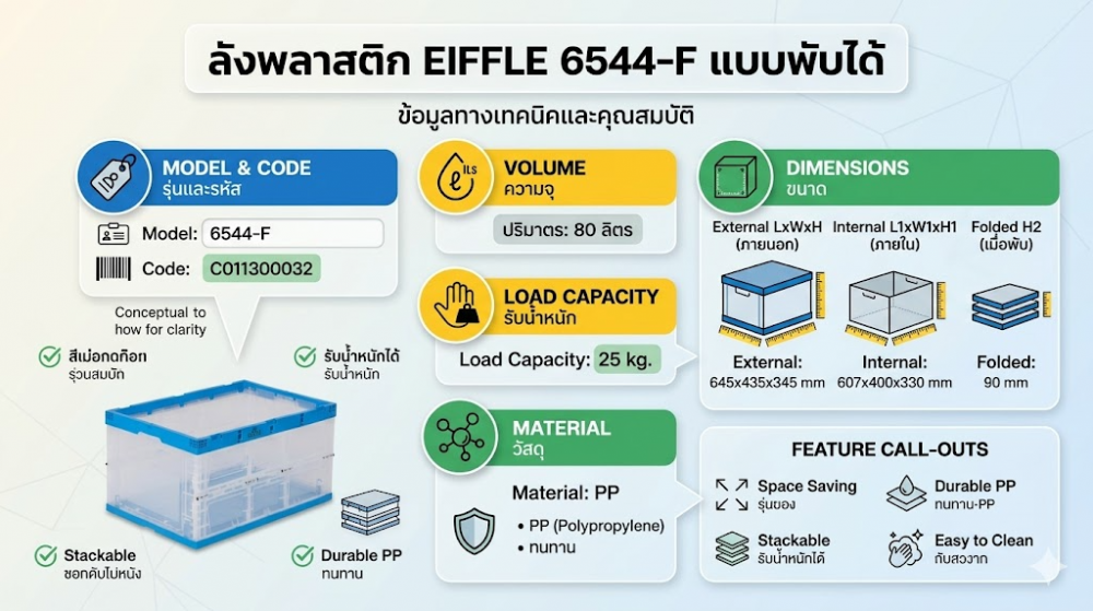 ลังพลาสติก EIFFLE 6544 F แบบพับได้ สีใส ขนาด 645 x 435 x 345 มม 