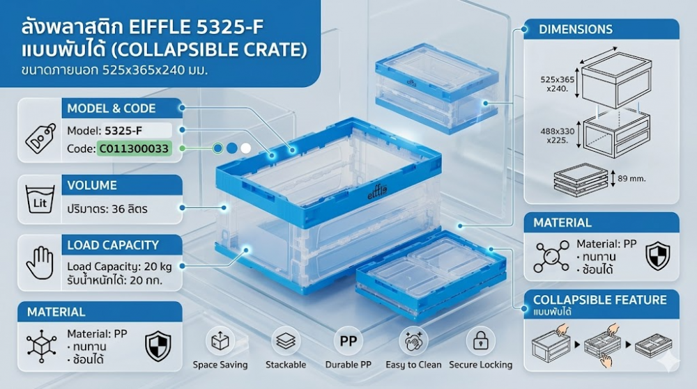 ลังพลาสติก EIFFLE 5325 F แบบพับได้ สีใส ขนาด 525 x 365 x 240 มม 