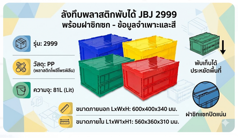 ลังทึบพลาสติกพับได้ JBJ 2999 พร้อมฝาซิกแซก ความจุ 81L สีน้ำเงิน ขนาด 600 x 400 x 340 มม 