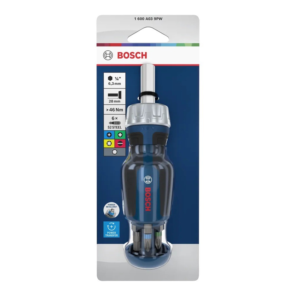 ไขควงสั้นสลับหัวพร้อมดอก BOSCH 1 600 A03 9PW 6 ชิ้น