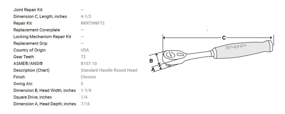 SNAP-ON 1/4 inch Drive Standard Handle Round Head Ratchet