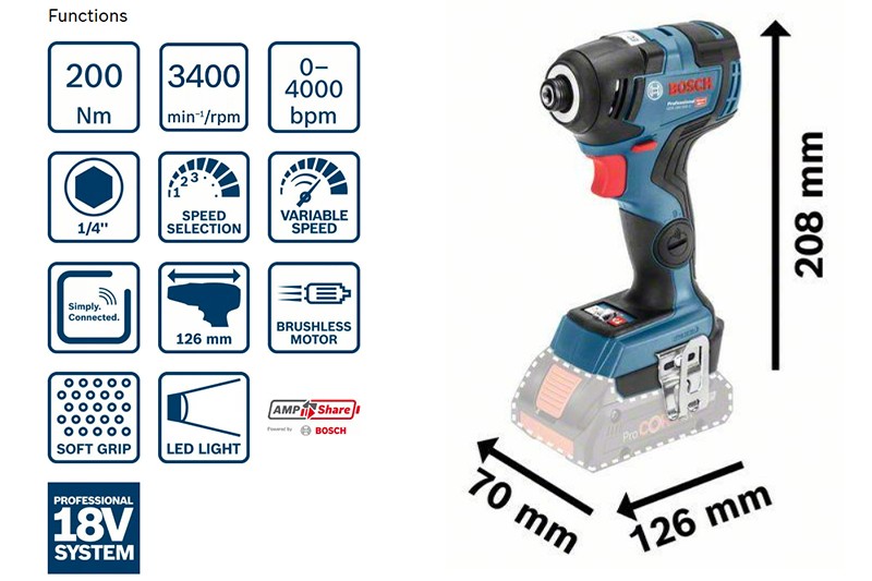 สว่านไขควงกระแทกไร้สาย BOSCH GDR 18V-200 C (ตัวเปล่า)