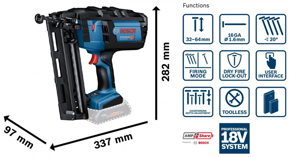 Bosch GNH 18V-64 M PROFESSIONAL CORDLESS WOOD NAILER (Body Only)