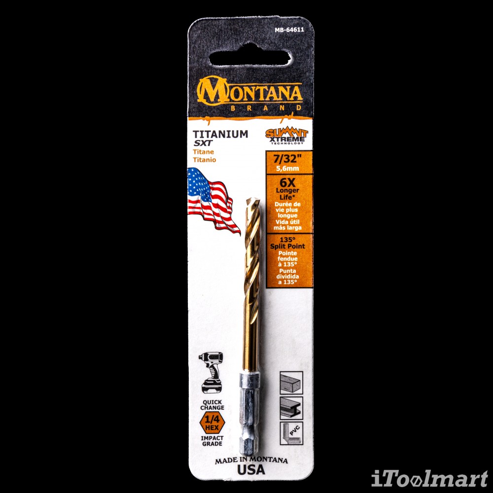 ดอกสว่านเจาะเหล็กอย่างดี MONTANA MB-64611 เคลือบไทเทเนียม ก้าน HEX ขนาด 7/32 นิ้ว 5.6 mm