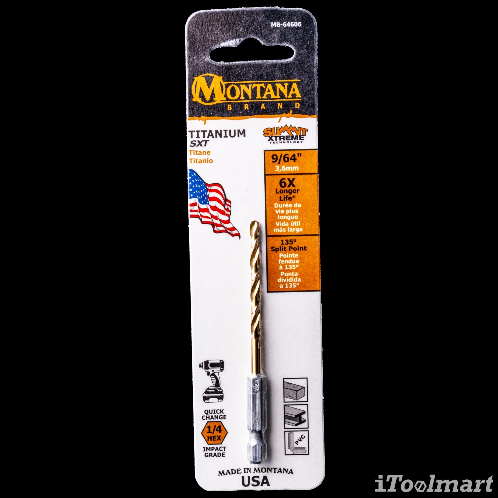 ดอกสว่านเจาะเหล็กอย่างดี MONTANA MB-64606 เคลือบไทเทเนียม ก้าน HEX ขนาด 9/64 นิ้ว 3.6 mm