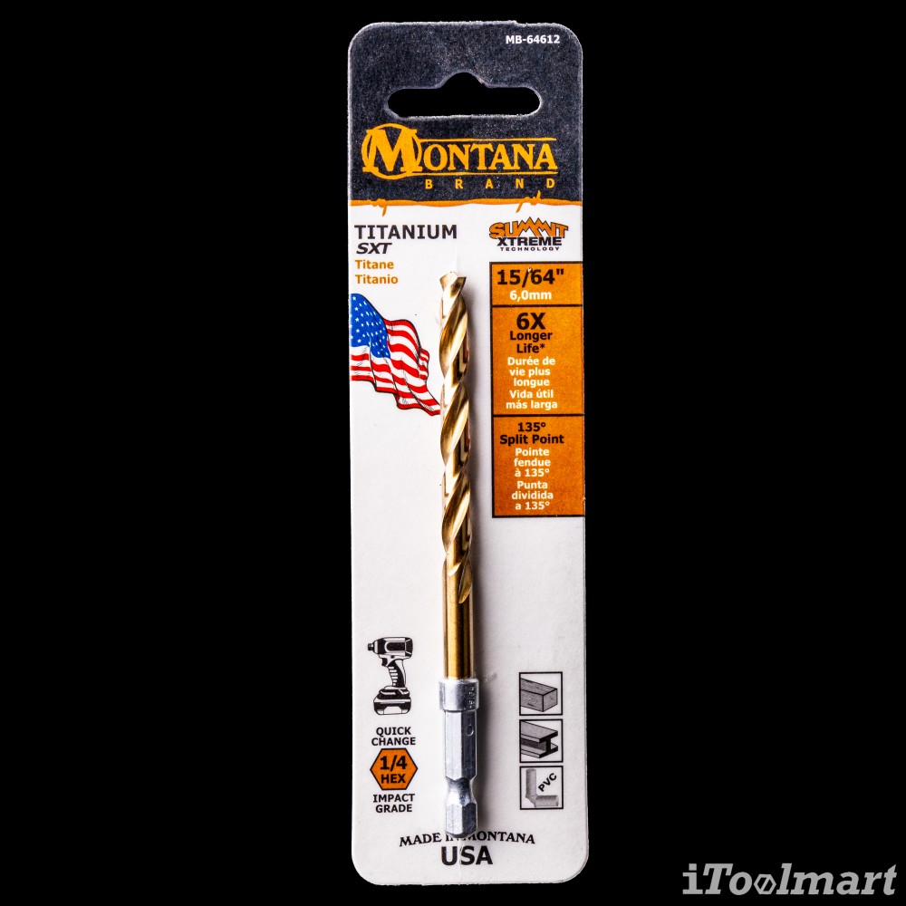 ดอกสว่านเจาะเหล็กอย่างดี MONTANA MB-64612 เคลือบไทเทเนียม ก้าน HEX ขนาด 15/64 นิ้ว 6.0 mm