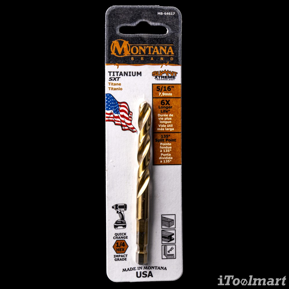 ดอกสว่านเจาะเหล็กอย่างดี MONTANA MB-64617 เคลือบไทเทเนียม ก้าน HEX ขนาด 5/16 นิ้ว 7.9 mm