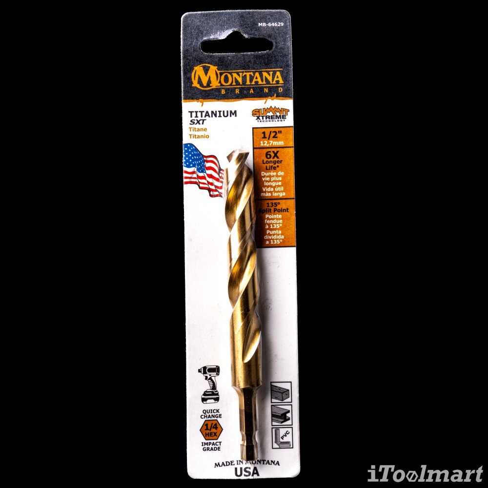 ดอกสว่านเจาะเหล็กอย่างดี MONTANA MB-64629 เคลือบไทเทเนียม ก้าน HEX ขนาด 1/2 นิ้ว 12.7 mm