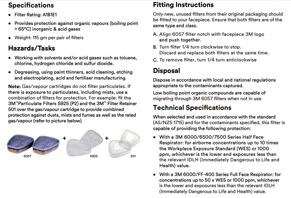 ตลับกรอง 3M 6057 ตลับกรองไอระเหยสารตัวทำละลายและกรดแก๊ส, A1B1E1 (2ชิ้น)
