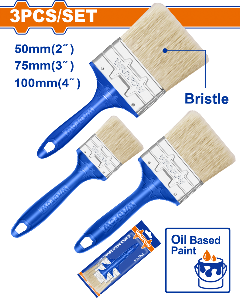 ชุดแปรงทาสี WADFOW WPB1932 ด้ามพลาสติก สำหรับสีน้ำมัน ขนาด 50, 75, 100 มม. (3 ชิ้น)