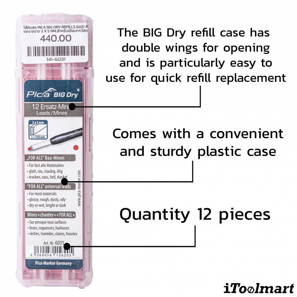 ไส้ดินสอ PICA BIG DRY refills 6031 สีแดง ขนาด 2 x 5 mm สำหรับเขียนทุกวัสดุ เขียนแล้วลบออกได้ง่าย