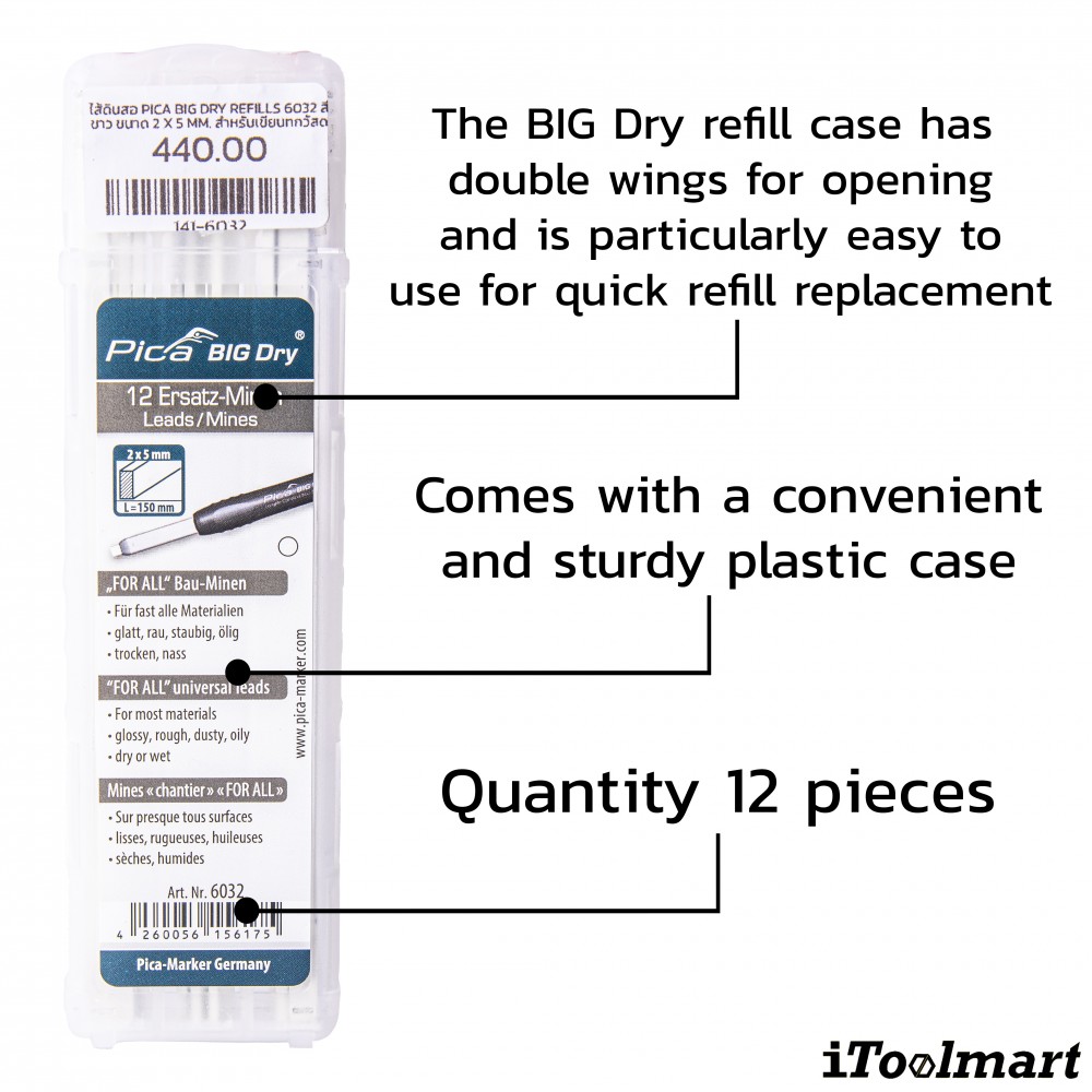 ไส้ดินสอ PICA BIG DRY refills 6032 สีขาว ขนาด 2 x 5 mm  สำหรับเขียนทุกวัสดุ เขียนแล้วลบออกได้ง่าย
