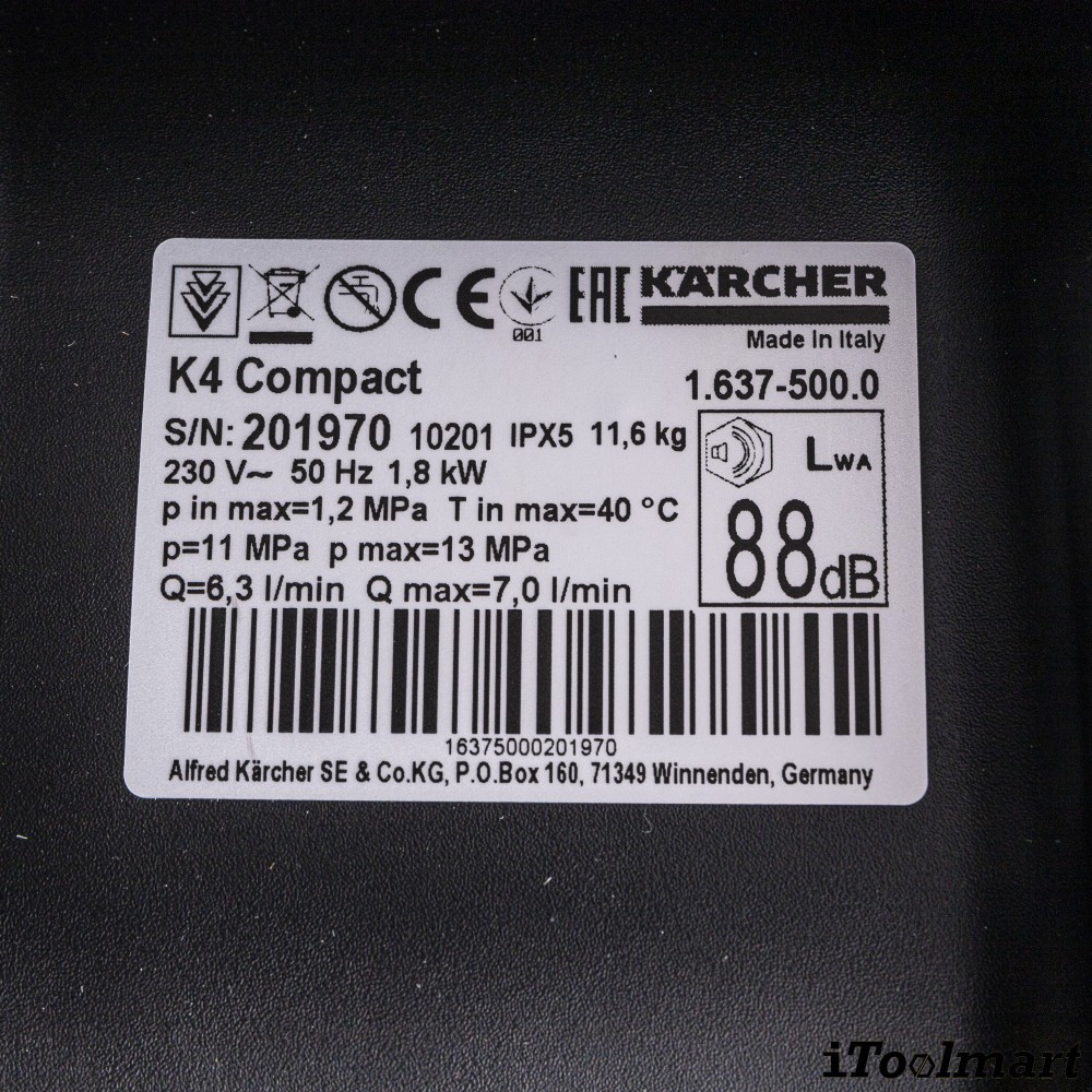 เครื่องฉีดน้ำแรงดันสูง Karcher K4 COMPACT 130 บาร์ 1 637 500 0 เครื่องฉีดน้ำแรงดันสูง Karcher K4 COMPACT 130 บาร์ 1 637 500 0