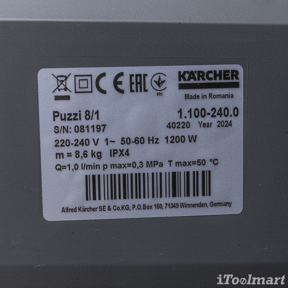 เครื่องซักพรม แบบดูดกลับ Karcher Puzzi 8 1 แรงดันไฟฟ้า 220   240 โวลต์ 1 100 240 0