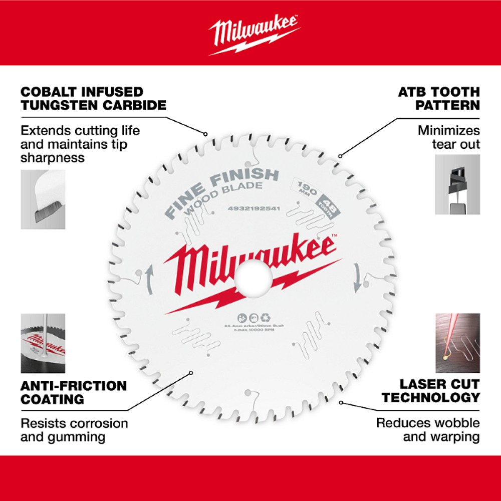 ใบเลื่อยวงเดือน Milwaukee 4932192541 Fine Finish 190 มม. 48 ฟัน สำหรับตัดไม้
