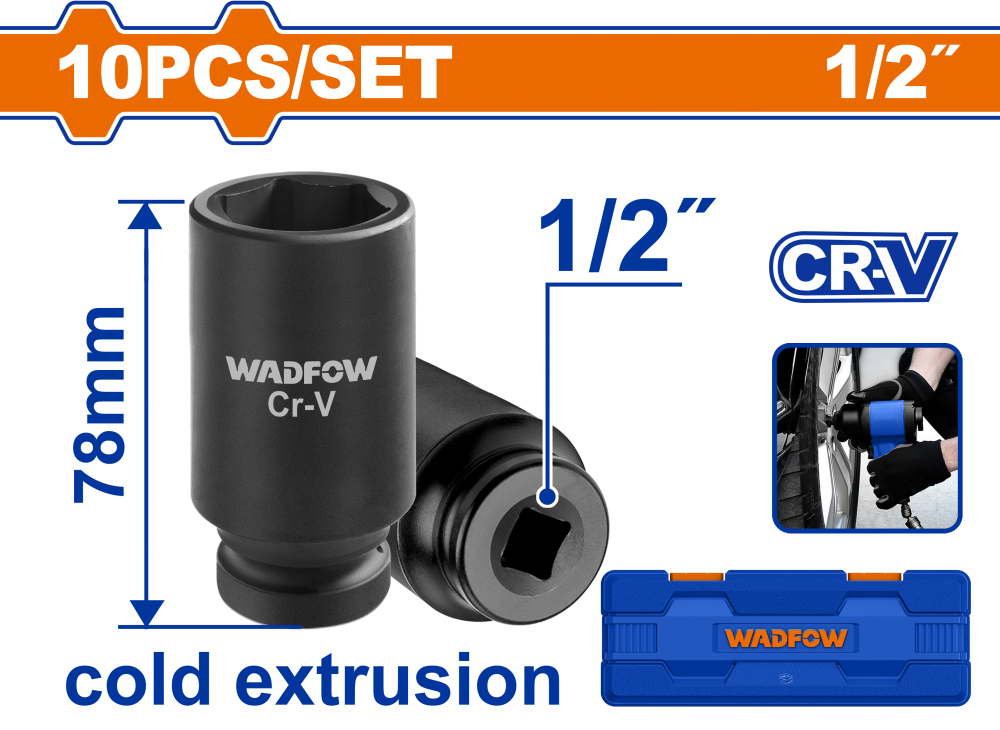 ชุดลูกบล็อกลมยาว WADFOW WMS2D02 ขนาด 1/2 นิ้ว CR-V (10 ชิ้น)